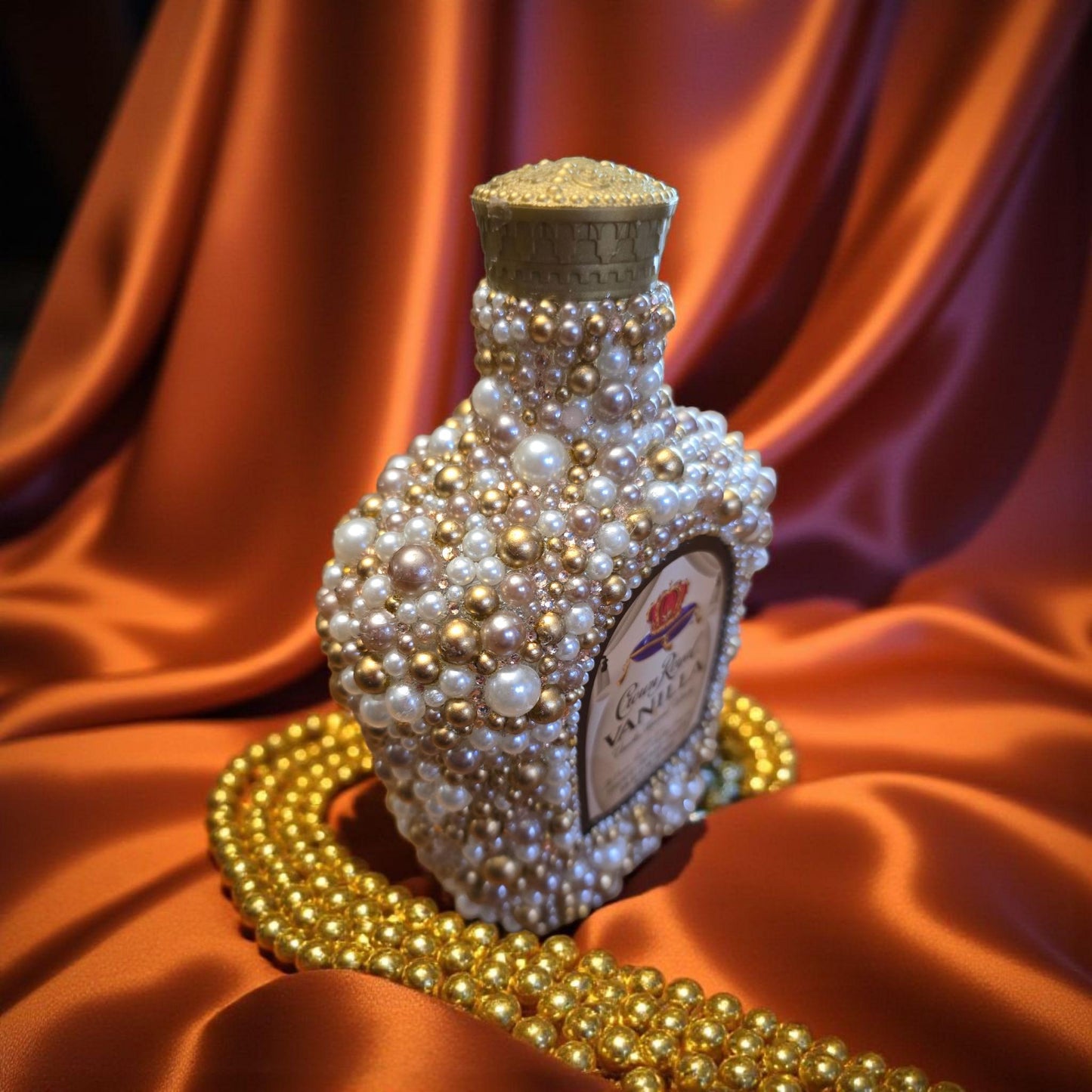 EMPTY Rhinestone Crown Royal Vanilla Bottle – Pearl & Gold Rhinestones