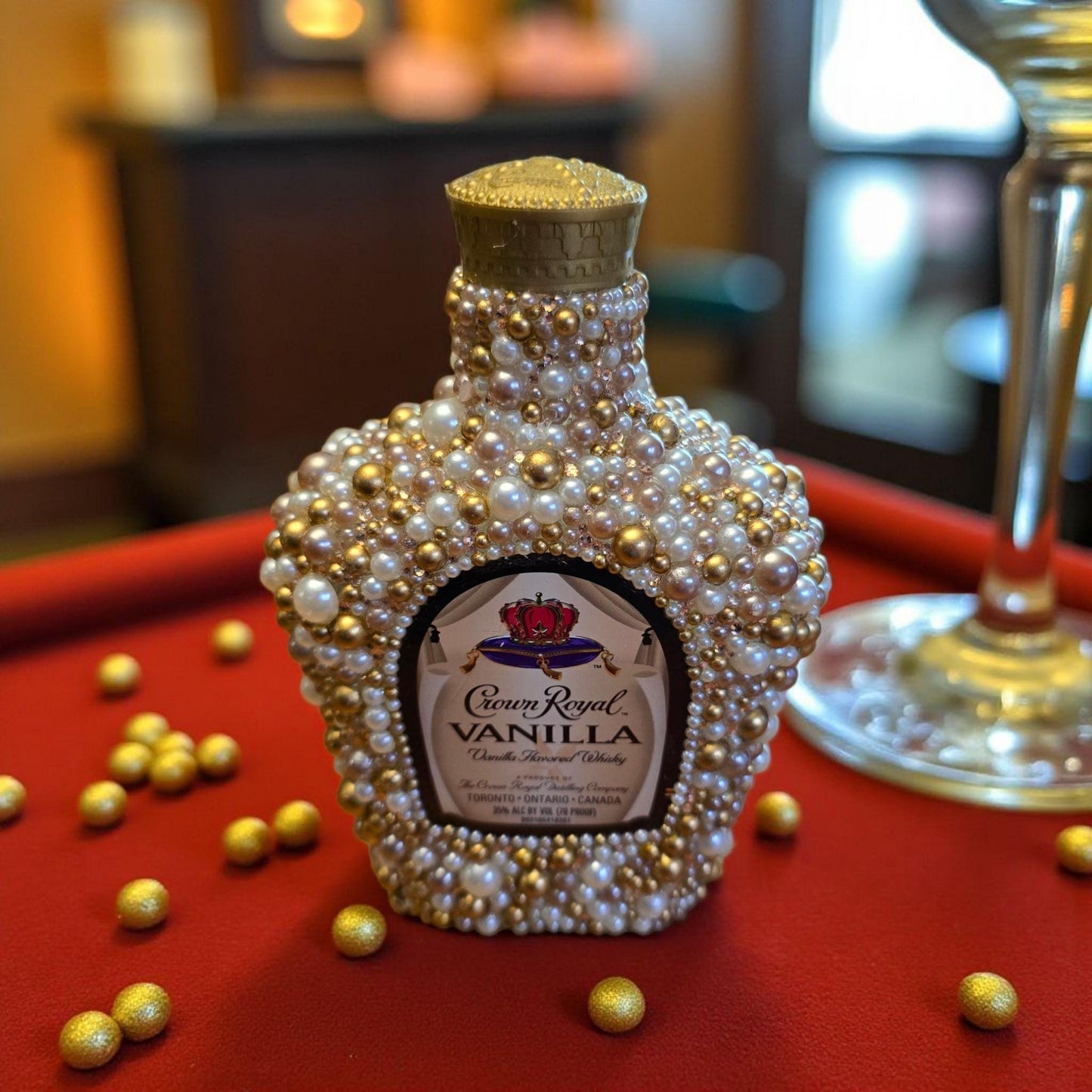 EMPTY Rhinestone Crown Royal Vanilla Bottle – Pearl & Gold Rhinestones