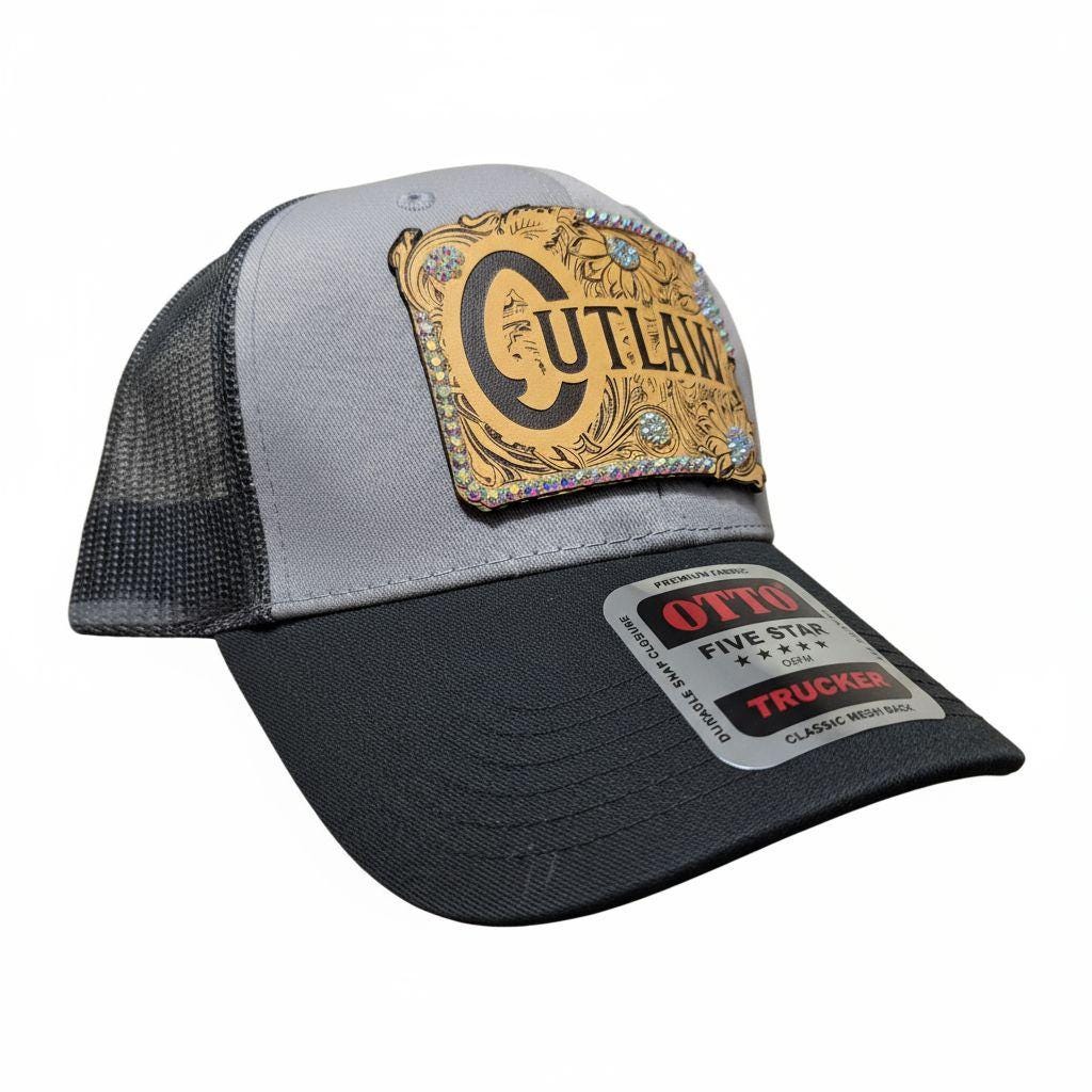 Grey and Black "Outlaw" Rhinestone Trucker Hat