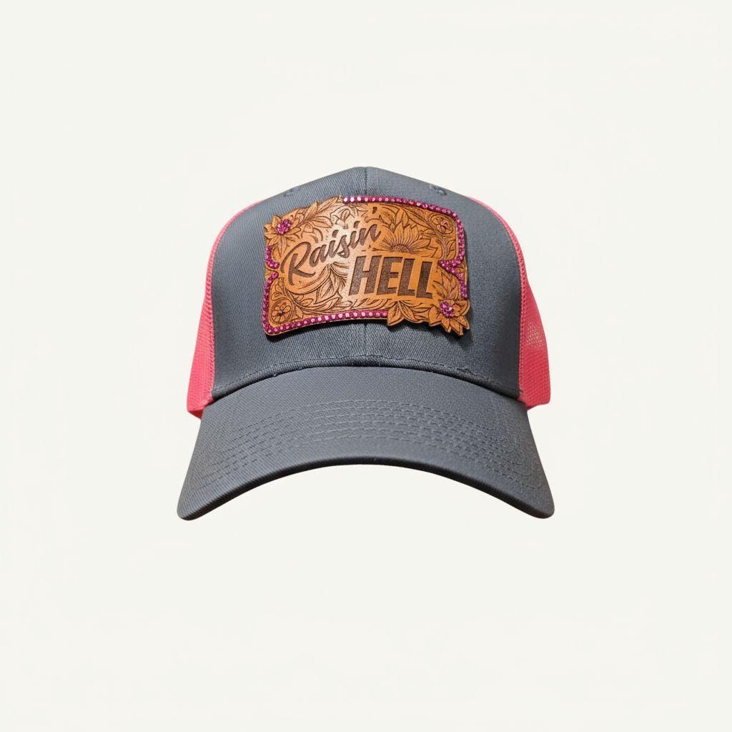 Western Leather Patch "Raisin’ Hell" Rhinestone Trucker Hat