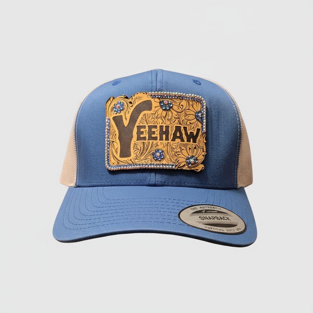 Western "YEEHAW" Rhinestone Trucker Blue and Tan Hat