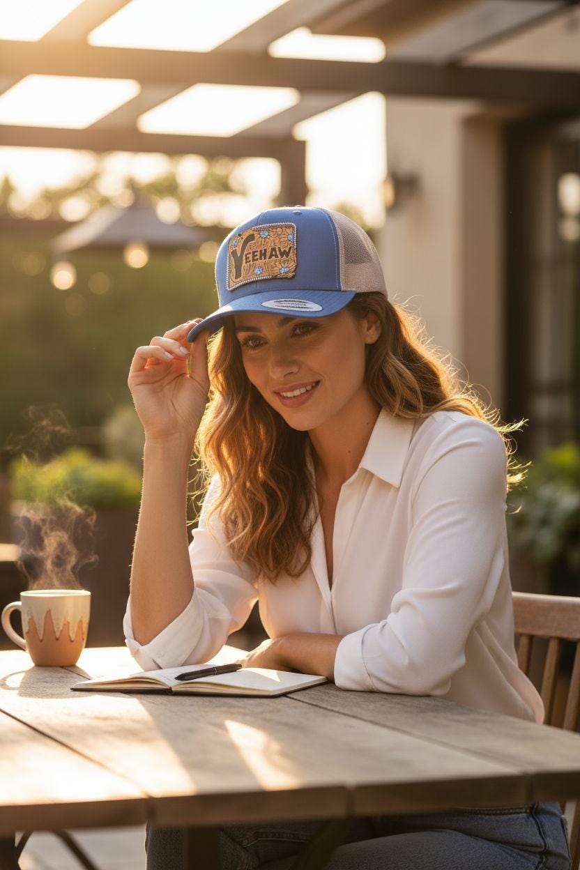 Western "YEEHAW" Rhinestone Trucker Blue and Tan Hat