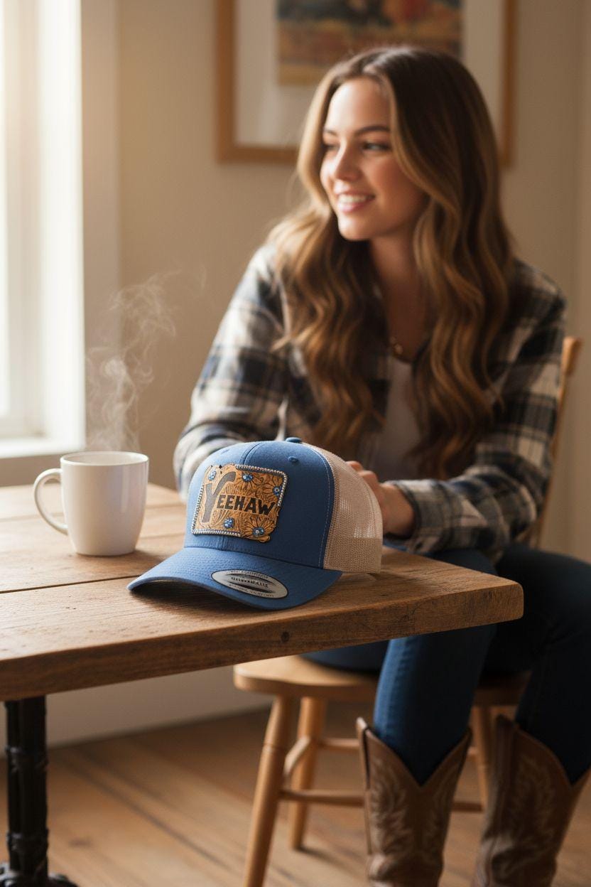Western "YEEHAW" Rhinestone Trucker Blue and Tan Hat