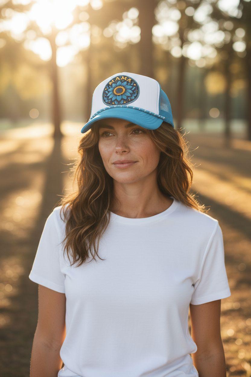 Turquoise “MAMA” Trucker Hat – Boho Sunflower Patch Cap – Western Style Mesh Back Hat for Moms