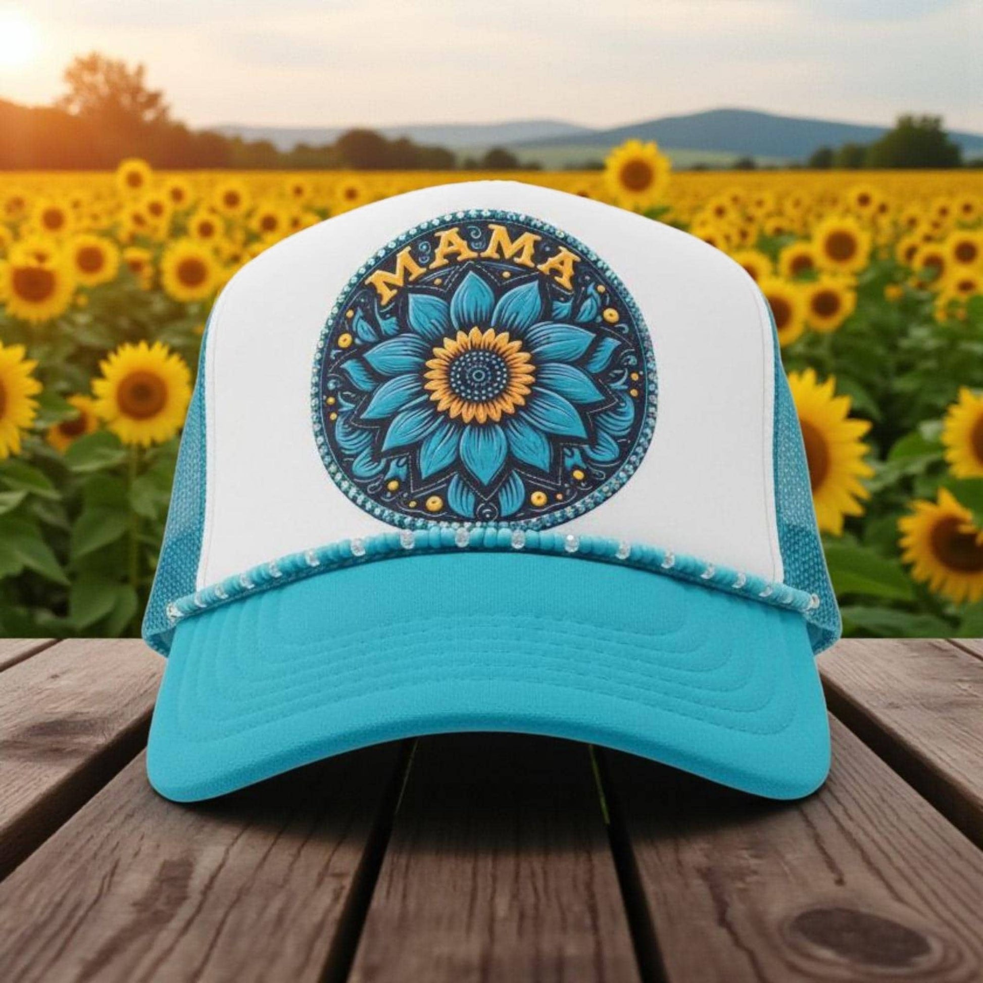 Turquoise “MAMA” Trucker Hat – Boho Sunflower Patch Cap – Western Style Mesh Back Hat for Moms