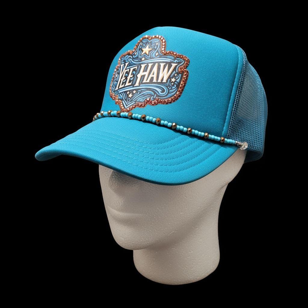 Turquoise “YEE HAW” Western Rhinestone Trucker Hat