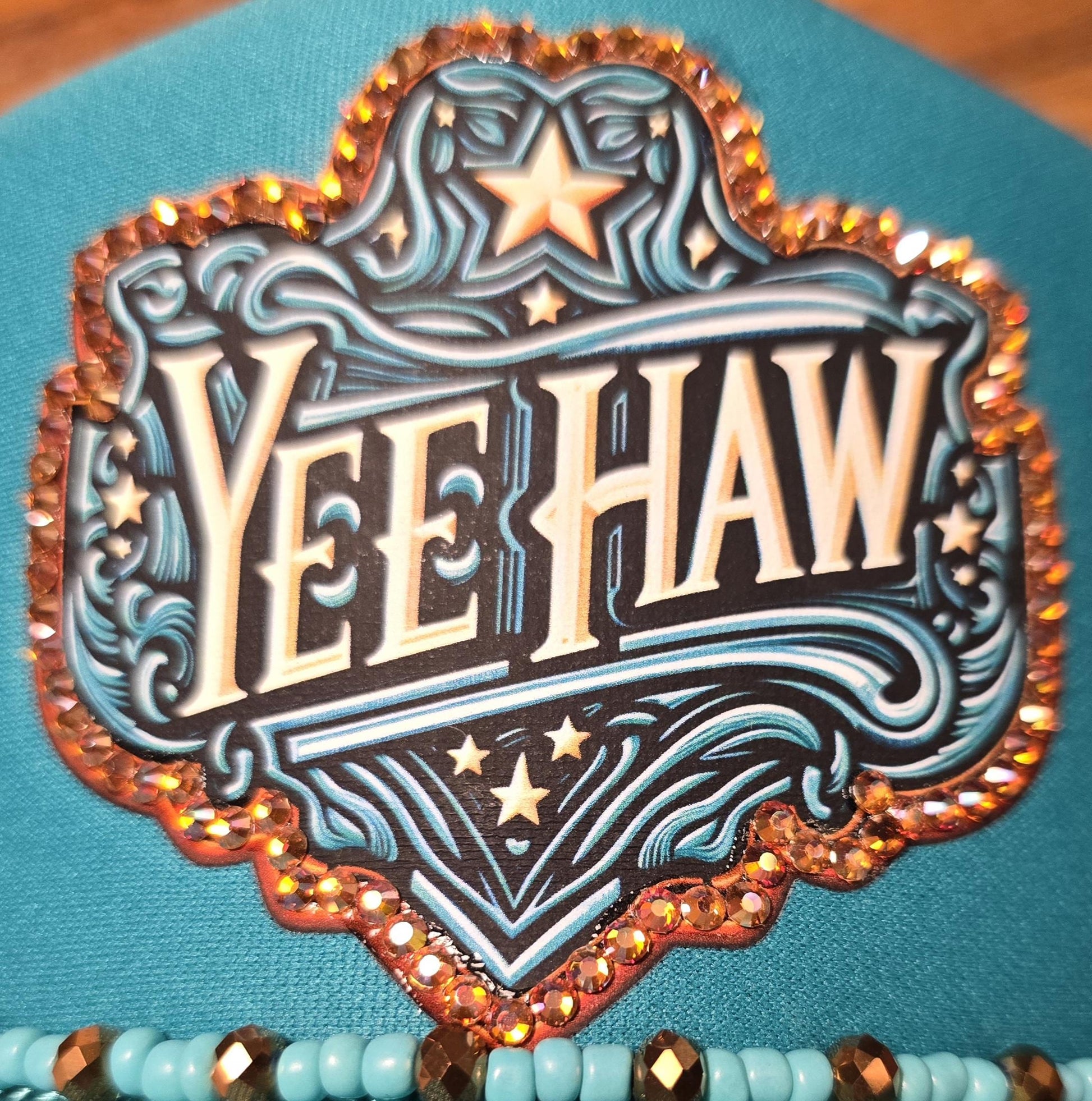 Turquoise “YEE HAW” Western Rhinestone Trucker Hat