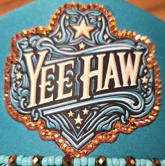 Turquoise “YEE HAW” Western Rhinestone Trucker Hat