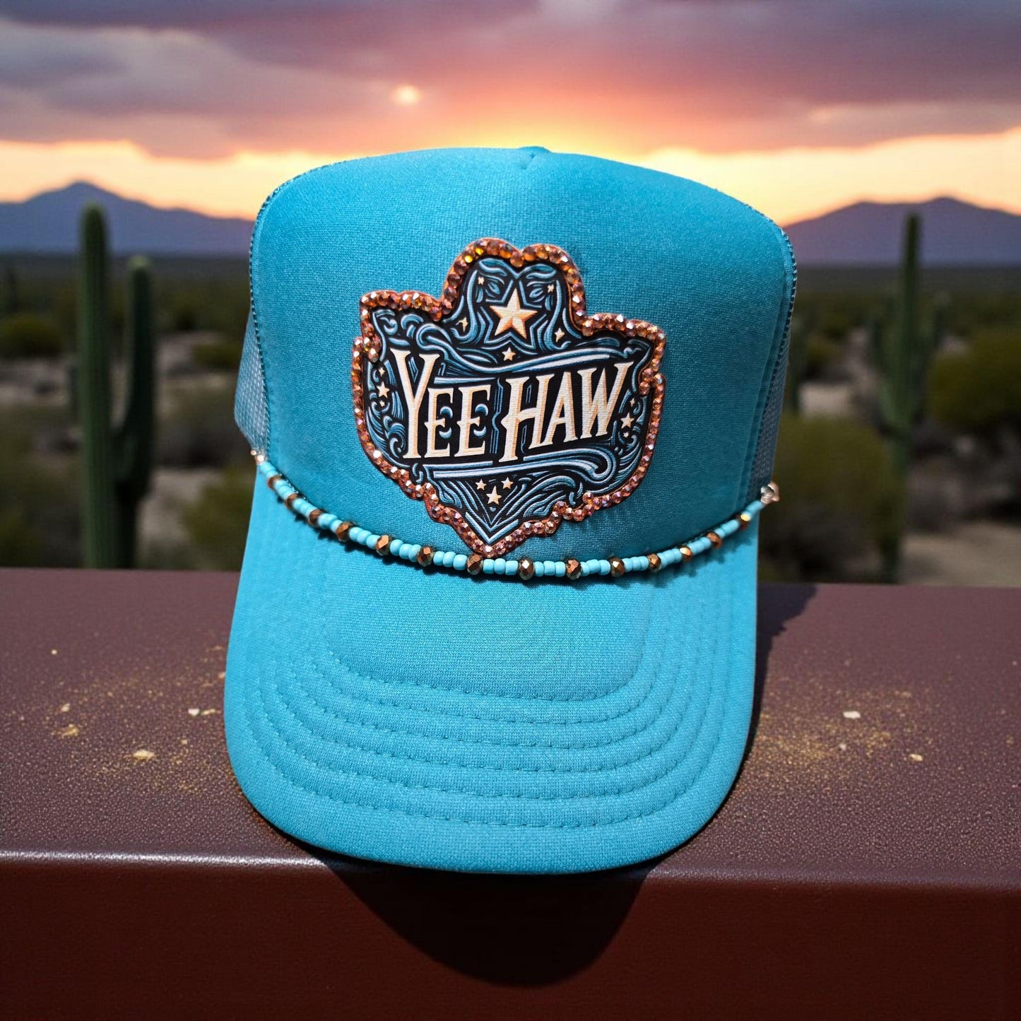 Turquoise “YEE HAW” Western Rhinestone Trucker Hat