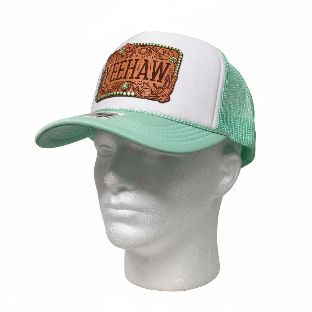 Mint Green “YEEHAW” Western Trucker Hat – Tooled Leather Patch rhinestone hat