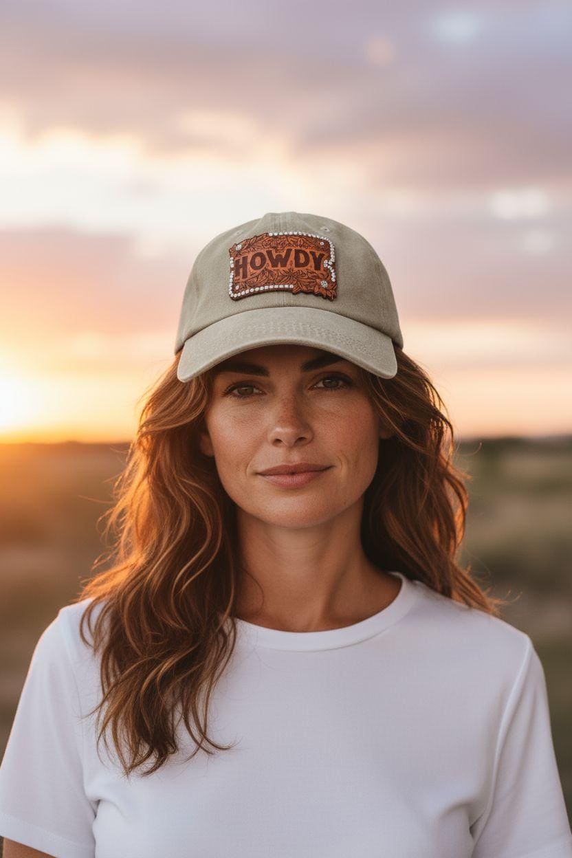 Tooled Leather Patch Cowgirl Hat "Howdy” Western Ehinestone Cap