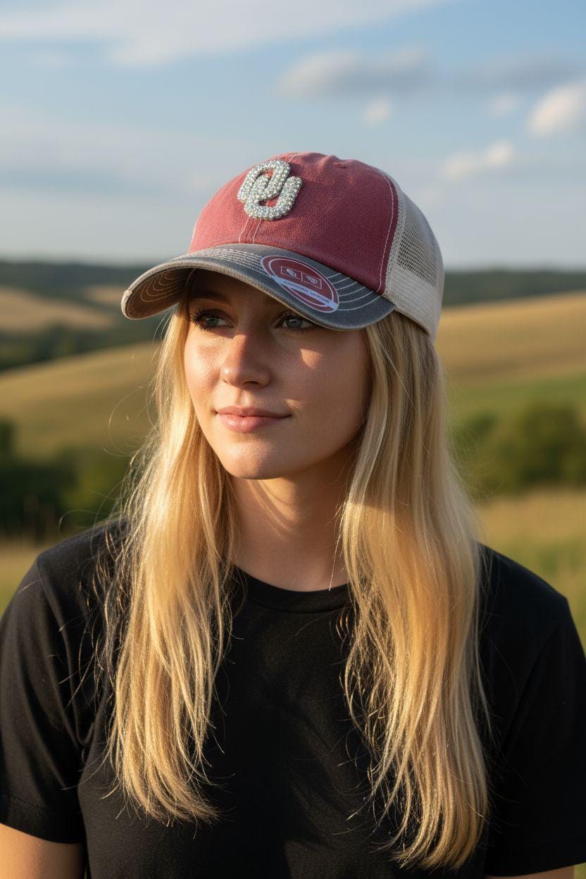 Rhinestone Red and Gray OU Trucker Hat