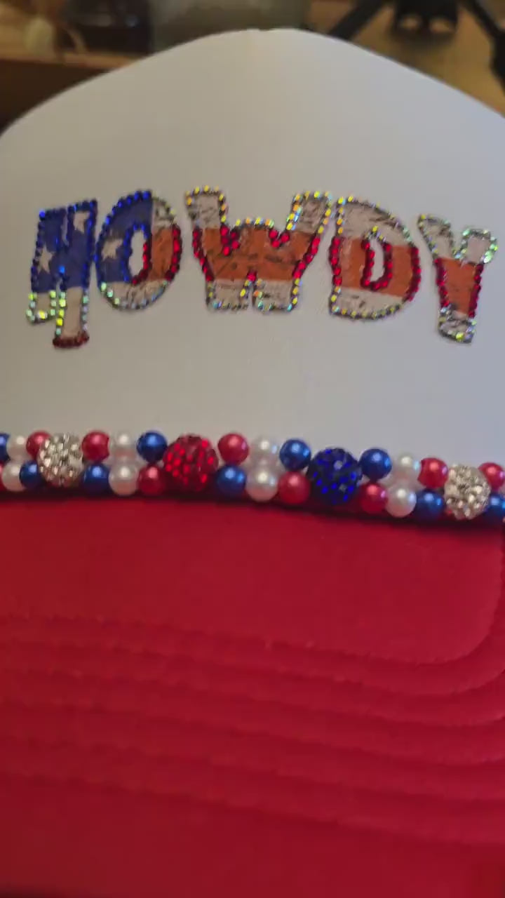 Rhinestone "Howdy" Cap: Patriotic USA Flag Cotton Blend