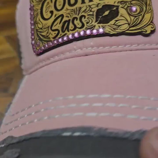 Kiss My Country Sass Trucker Hat – Pink & Charcoal Distressed Cap with Rhinestone Patch