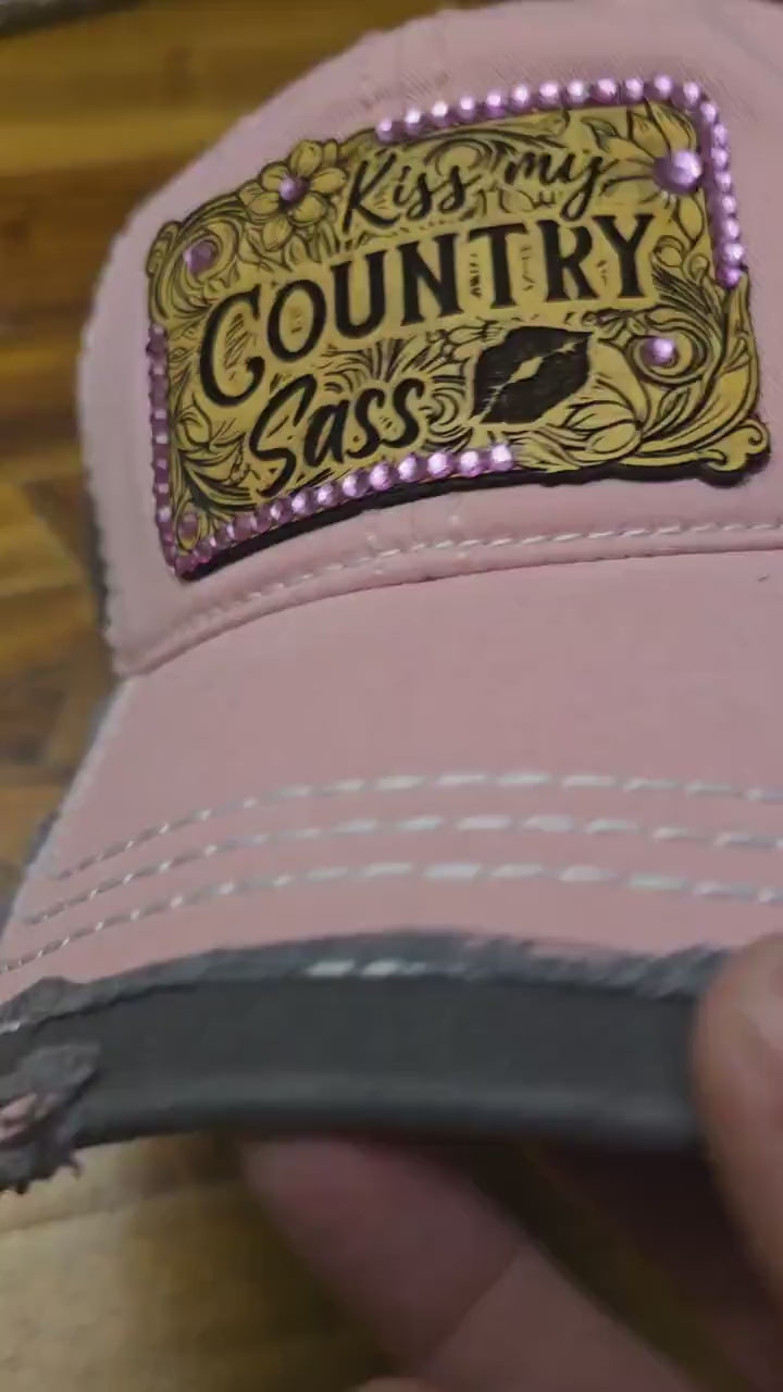 Kiss My Country Sass Trucker Hat – Pink & Charcoal Distressed Cap with Rhinestone Patch