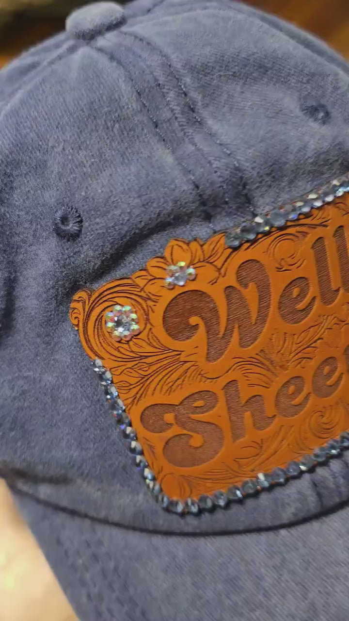 Funny Western "Well Sheeyit” Rhinestone Blue Denim Hat