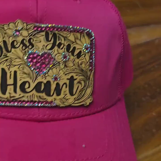 Pink Trucker Hat with "Bless Your Heart" Patch – Rhinestone Bling Embellished Southern Charm Cap