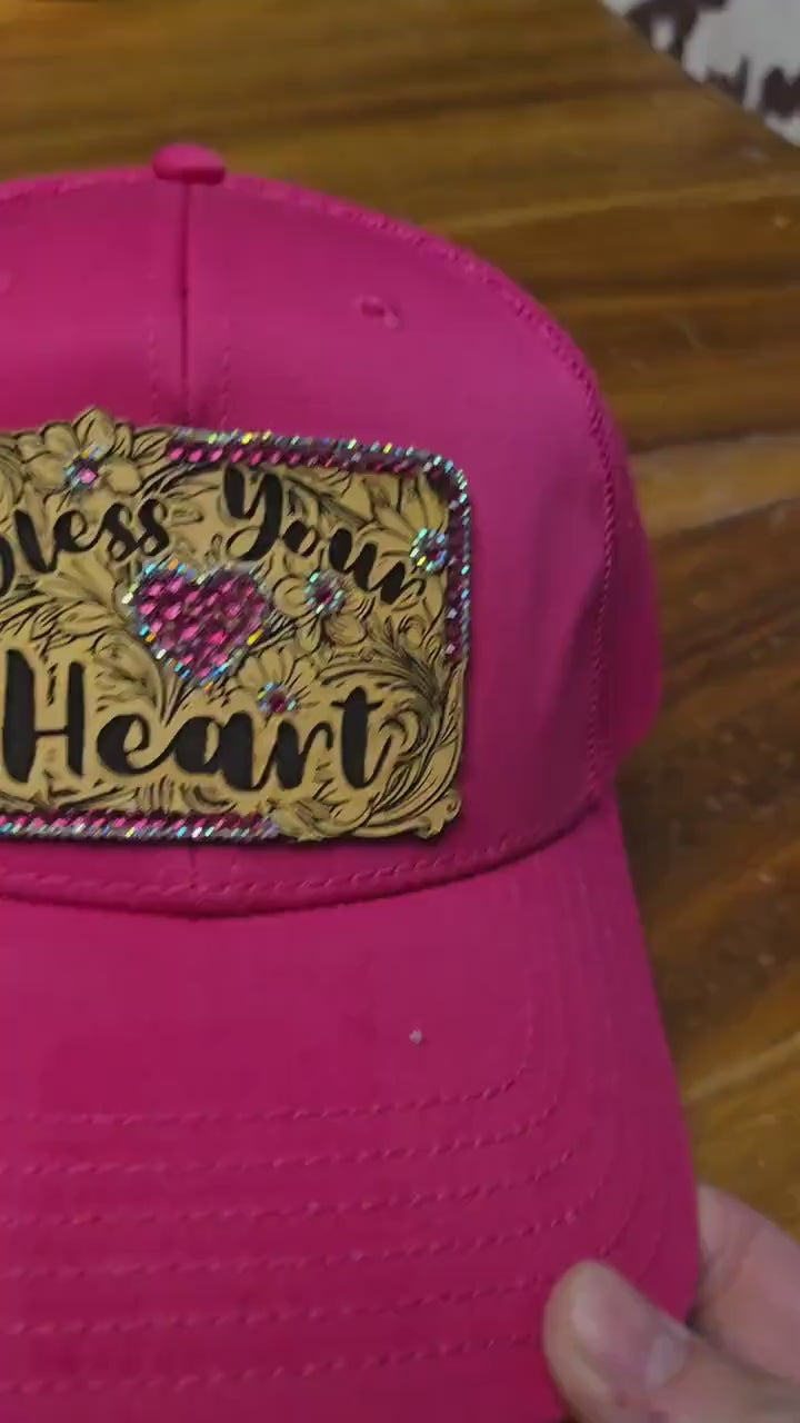 Pink Trucker Hat with "Bless Your Heart" Patch – Rhinestone Bling Embellished Southern Charm Cap