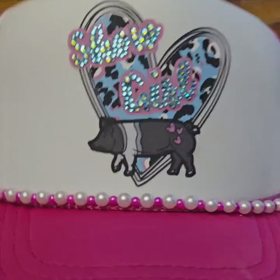 Show Girl Trucker Hat – Hot Pink Mesh Cap with Rhinestone Pig Patch & Pearl Beaded Brim