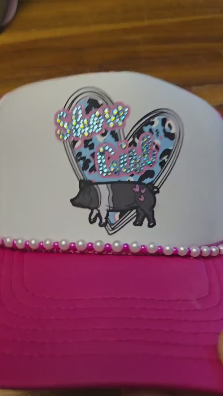 Show Girl Trucker Hat – Hot Pink Mesh Cap with Rhinestone Pig Patch & Pearl Beaded Brim