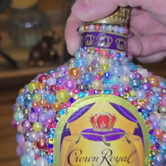 Glamorous Crown Royal Bottle Decor – Embellished with Pastel Pearls and Sparkling Rhinestones