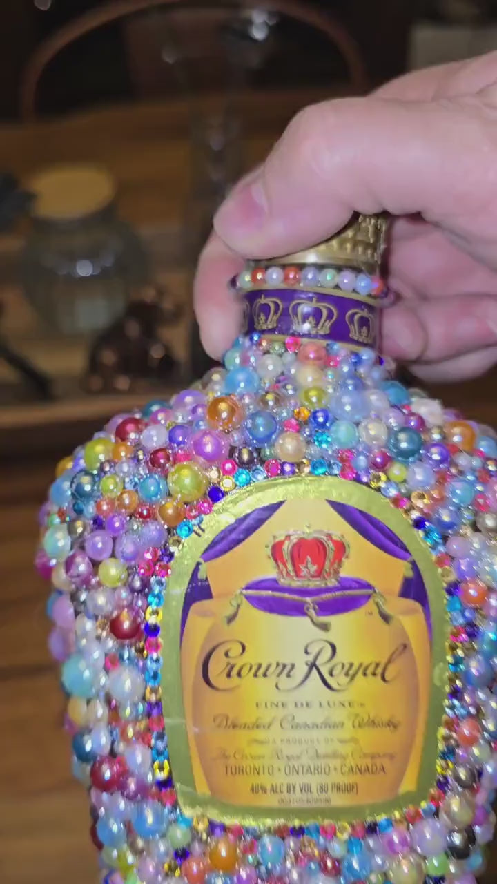 Glamorous Crown Royal Bottle Decor – Embellished with Pastel Pearls and Sparkling Rhinestones