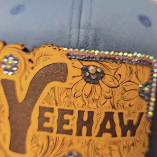 Western "YEEHAW" Rhinestone Trucker Blue and Tan Hat