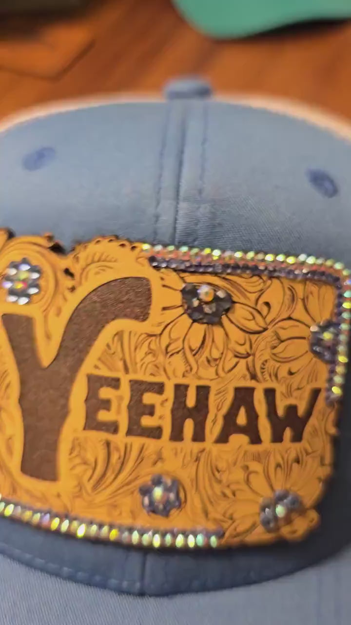 Western "YEEHAW" Rhinestone Trucker Blue and Tan Hat