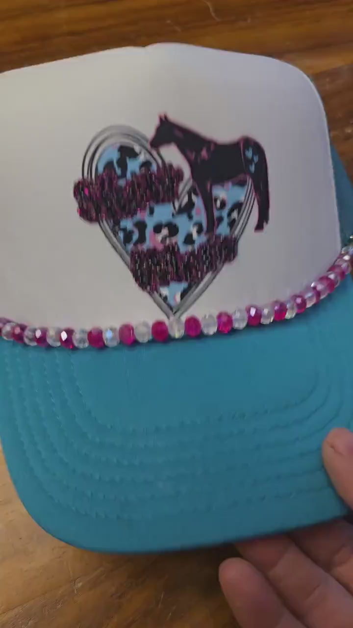 Teal "Show Mom" Trucker Hat: Pink Rhinestone Bling, Leopard Heart