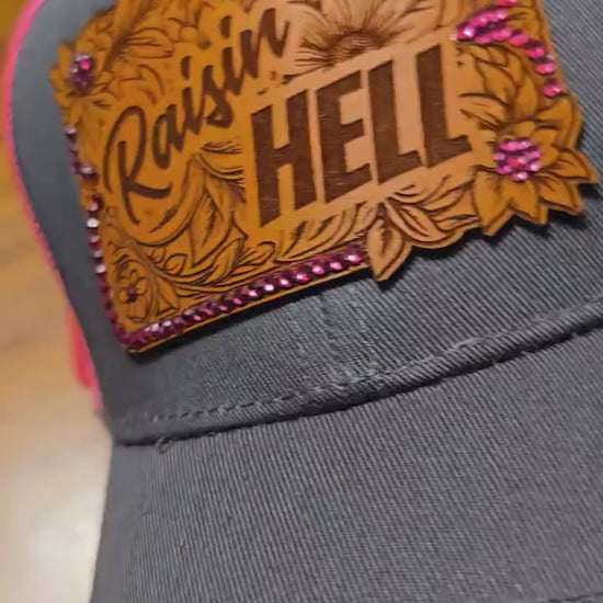 Western Leather Patch "Raisin’ Hell" Rhinestone Trucker Hat
