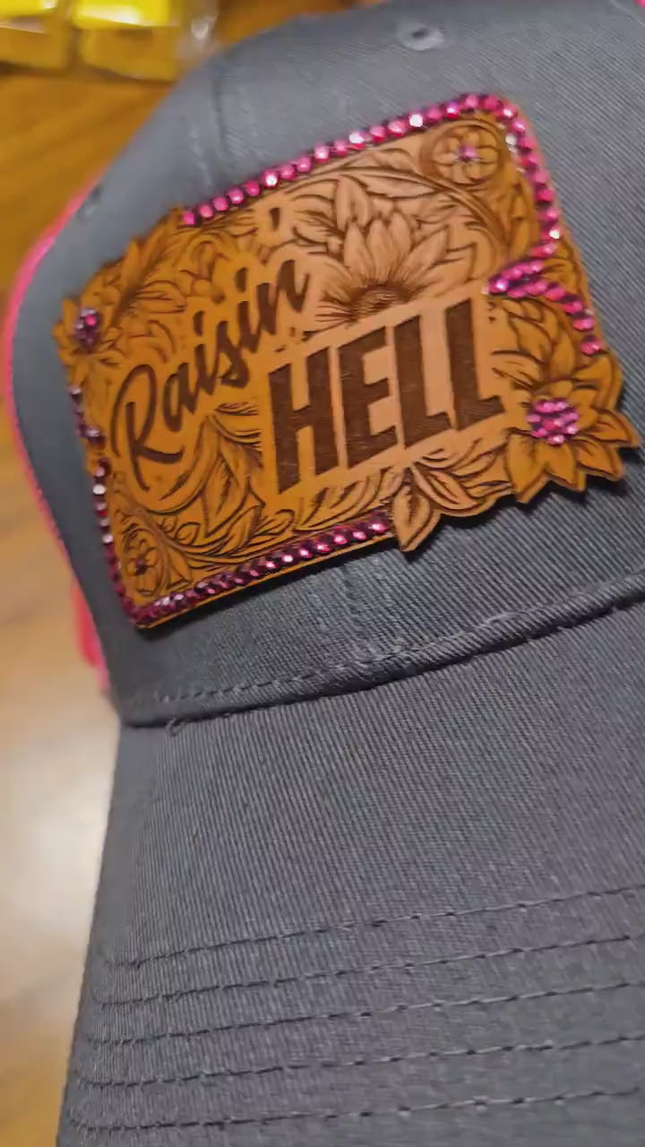 Western Leather Patch "Raisin’ Hell" Rhinestone Trucker Hat