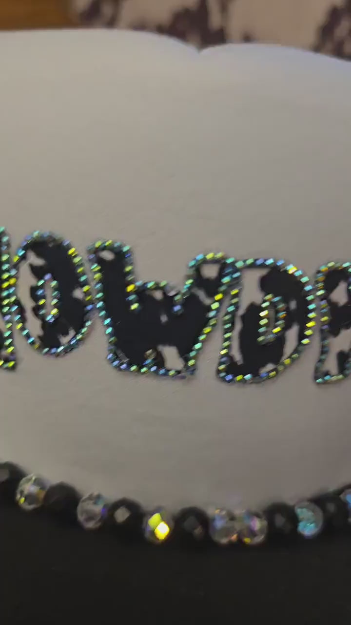 Howdy Cow Print Trucker Hat – Black & White Rhinestone Western Cap with Bling Lettering