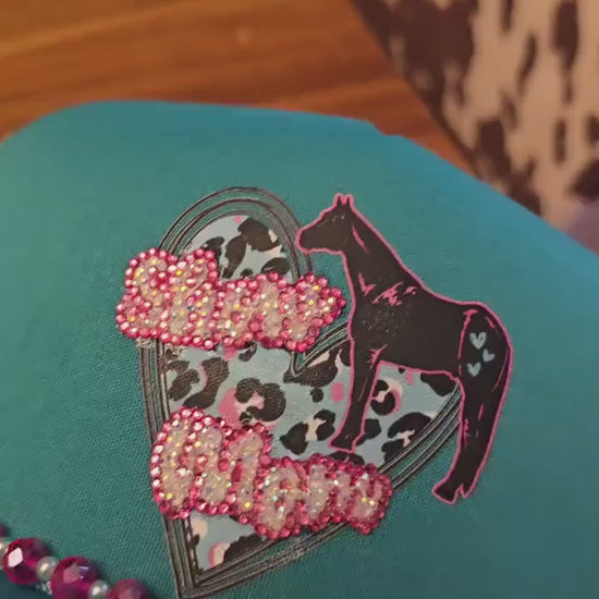 Teal "Show Mom" Trucker Hat: Pink Rhinestone Bling, Leopard Heart