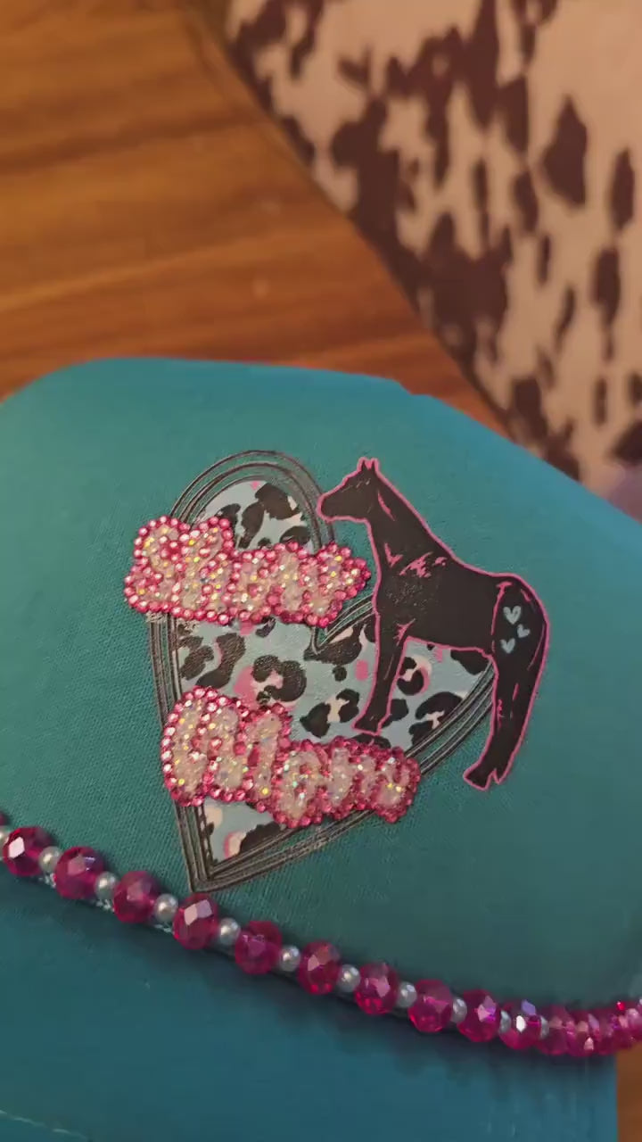 Teal "Show Mom" Trucker Hat: Pink Rhinestone Bling, Leopard Heart