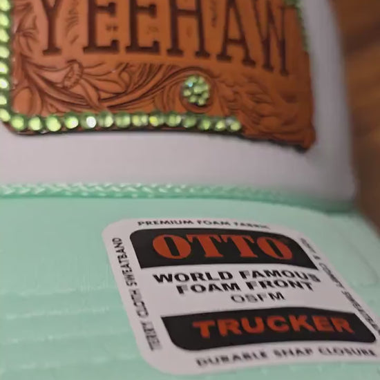 Mint Green “YEEHAW” Western Trucker Hat – Tooled Leather Patch rhinestone hat