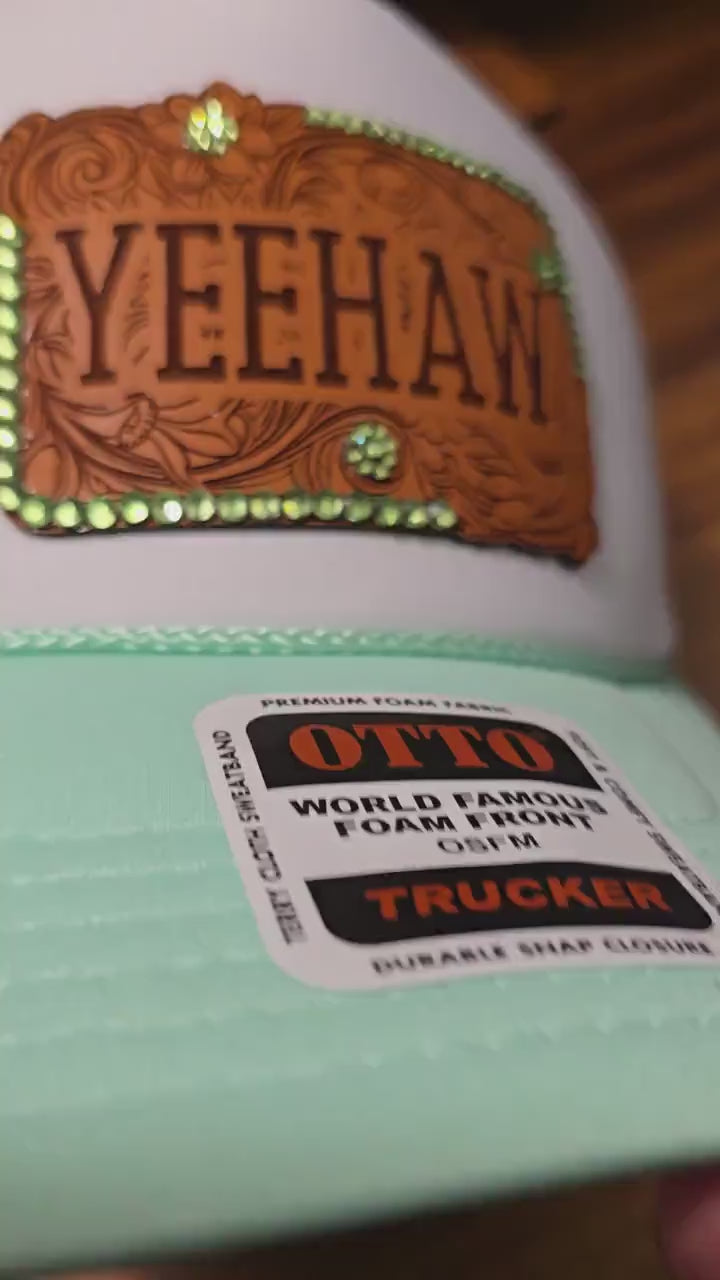 Mint Green “YEEHAW” Western Trucker Hat – Tooled Leather Patch rhinestone hat