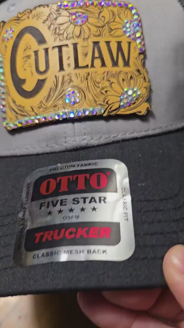 Grey and Black "Outlaw" Rhinestone Trucker Hat