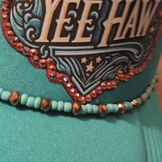 Turquoise “YEE HAW” Western Rhinestone Trucker Hat