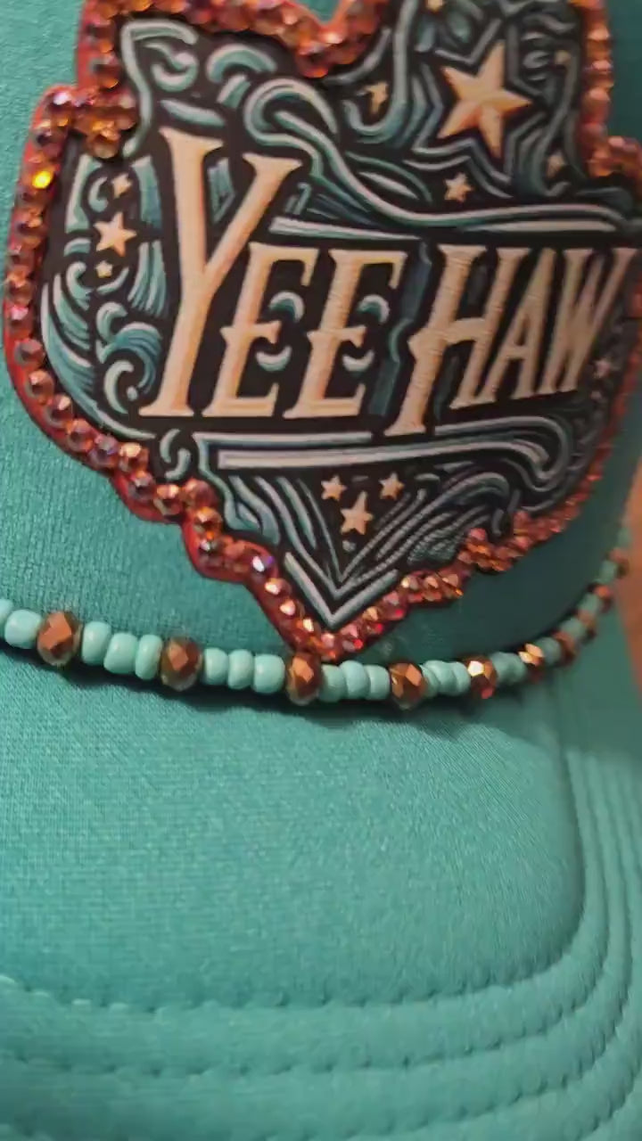 Turquoise “YEE HAW” Western Rhinestone Trucker Hat