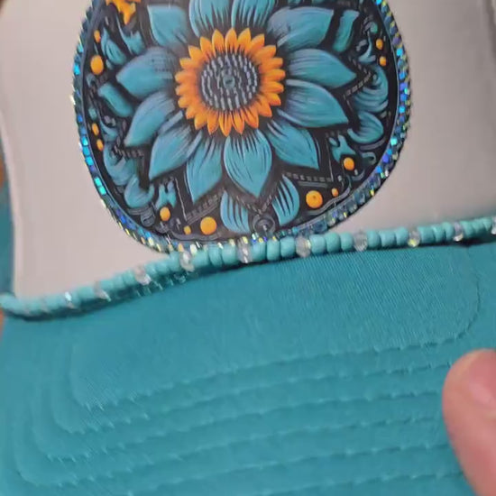 Turquoise “MAMA” Trucker Hat – Boho Sunflower Patch Cap – Western Style Mesh Back Hat for Moms