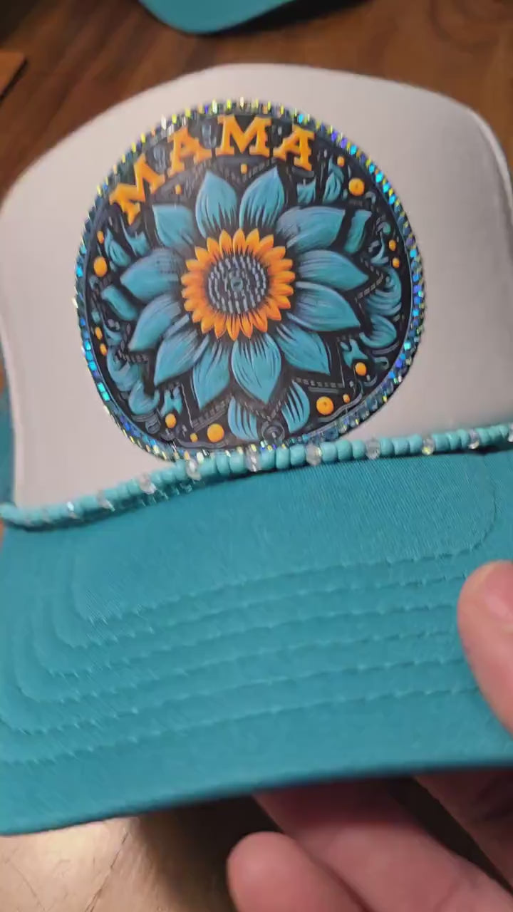 Turquoise “MAMA” Trucker Hat – Boho Sunflower Patch Cap – Western Style Mesh Back Hat for Moms