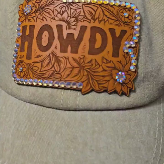 Tooled Leather Patch Cowgirl Hat "Howdy” Western Ehinestone Cap