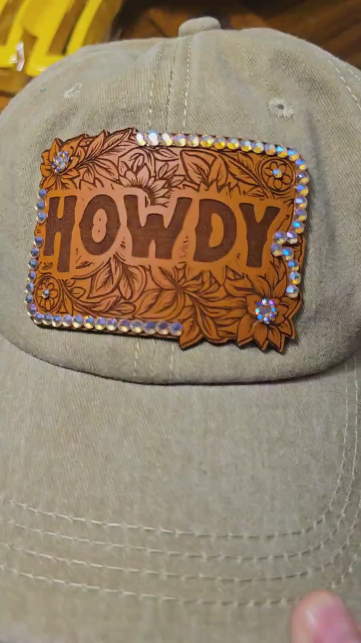 Tooled Leather Patch Cowgirl Hat "Howdy” Western Ehinestone Cap