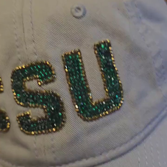 Colorado Sparkle Baseball Cap with Green & Gold Rhinestones - CSU Bling Hat