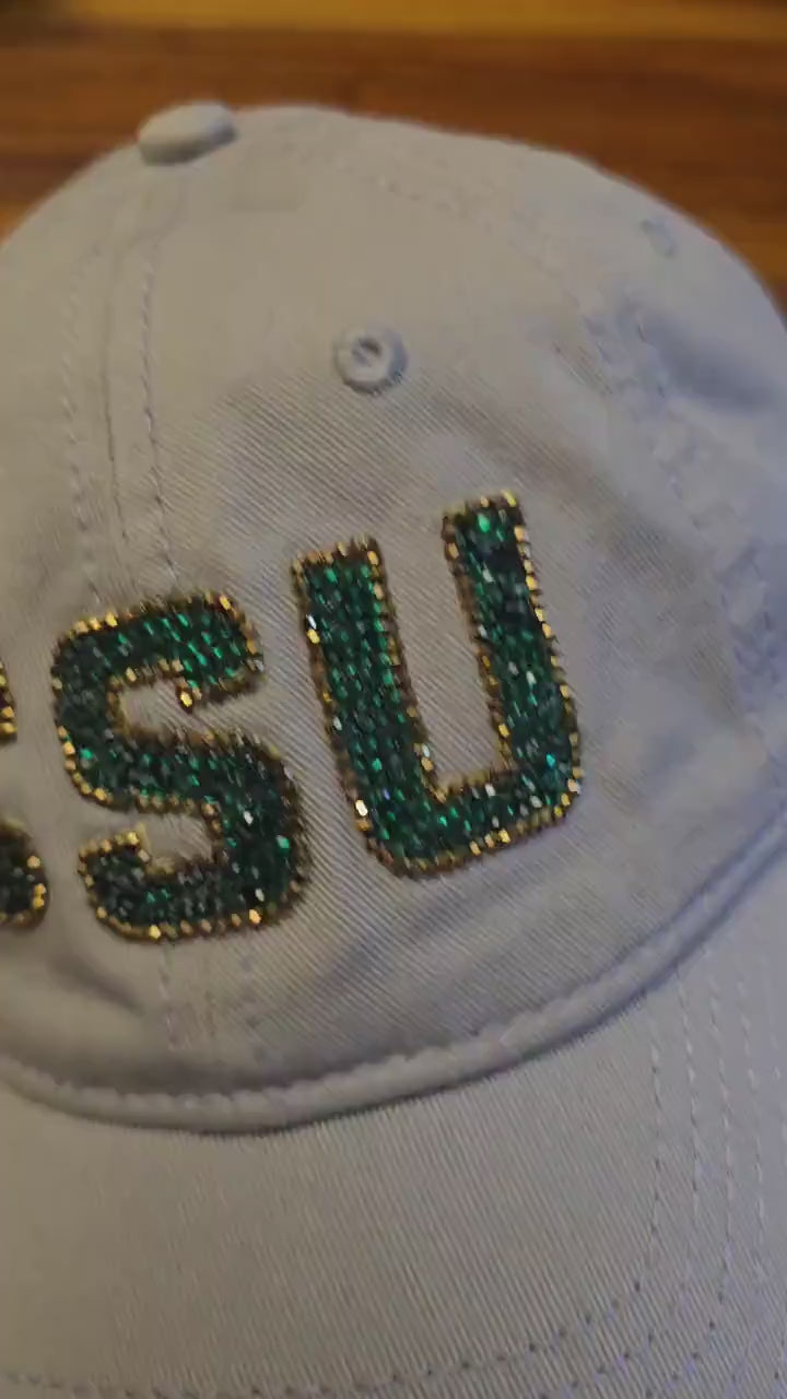 Colorado Sparkle Baseball Cap with Green & Gold Rhinestones - CSU Bling Hat
